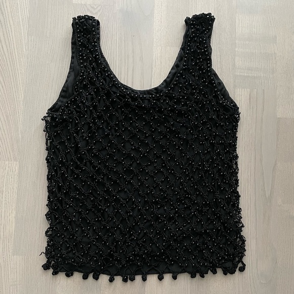 Y2K Awesome Festival Tank Top / Cami with Beaded Overlay on Black Mesh - Picture 1 of 4